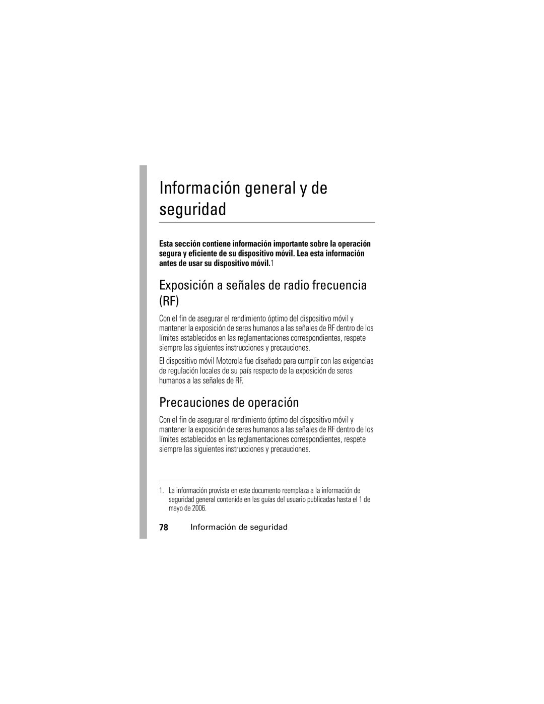 Motorola V190 Información general y de seguridad, Exposición a señales de radio frecuencia RF, Precauciones de operación 