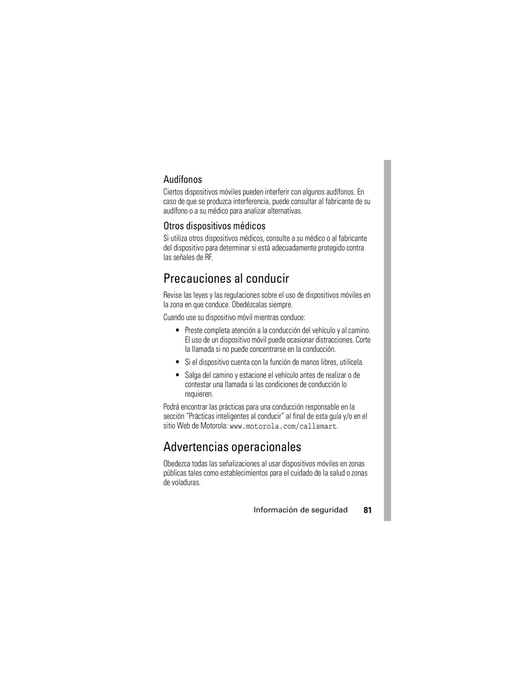 Motorola V190 manual Precauciones al conducir, Advertencias operacionales, Audífonos, Otros dispositivos médicos 