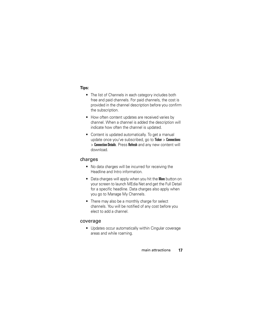 Motorola V190 manual Charges, Coverage 