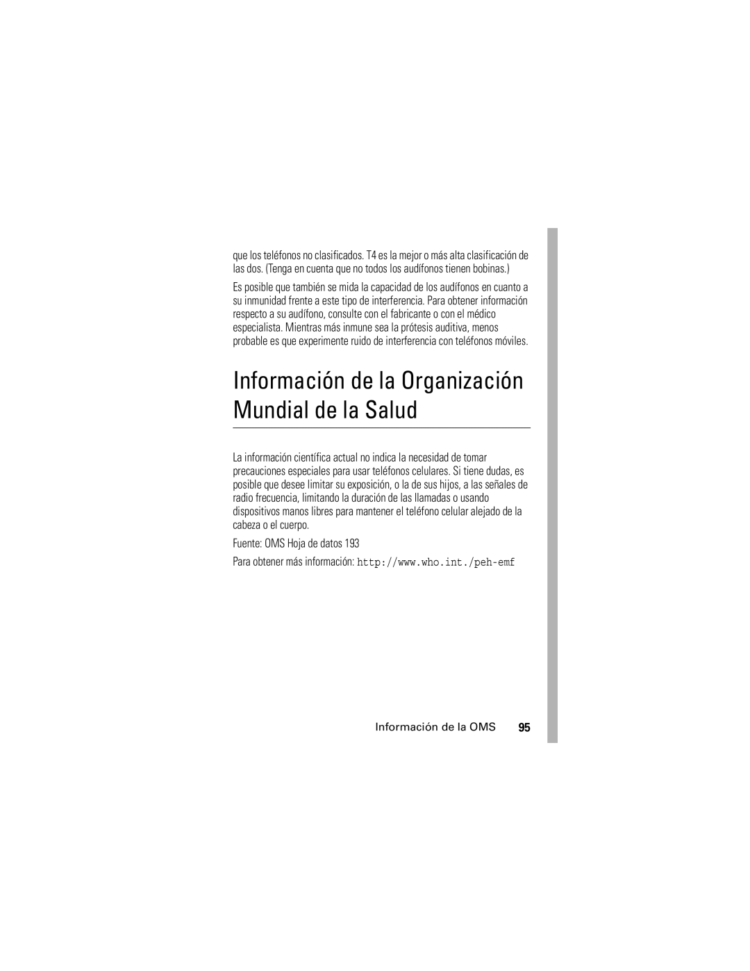 Motorola V190 manual Información de la Organización Mundial de la Salud, Fuente OMS Hoja de datos 