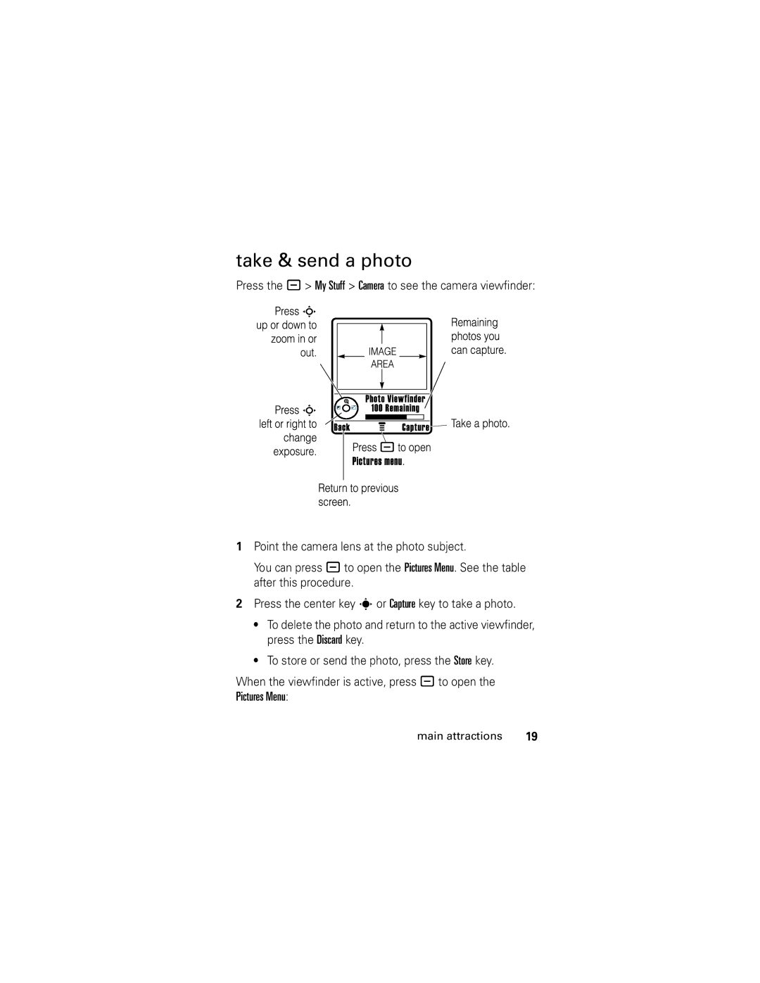 Motorola V190 manual Take & send a photo 