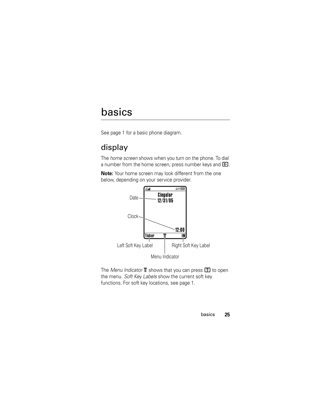 Motorola V190 manual Basics, Display, See page 1 for a basic phone diagram 