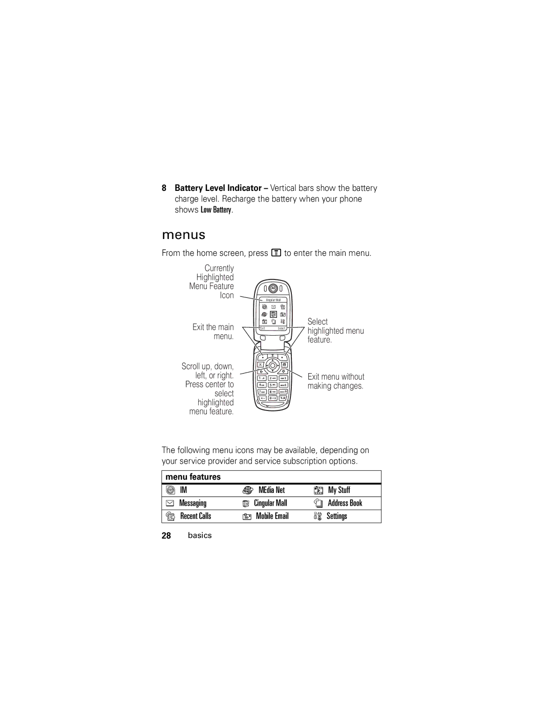 Motorola V190 manual Menus, Menu features 