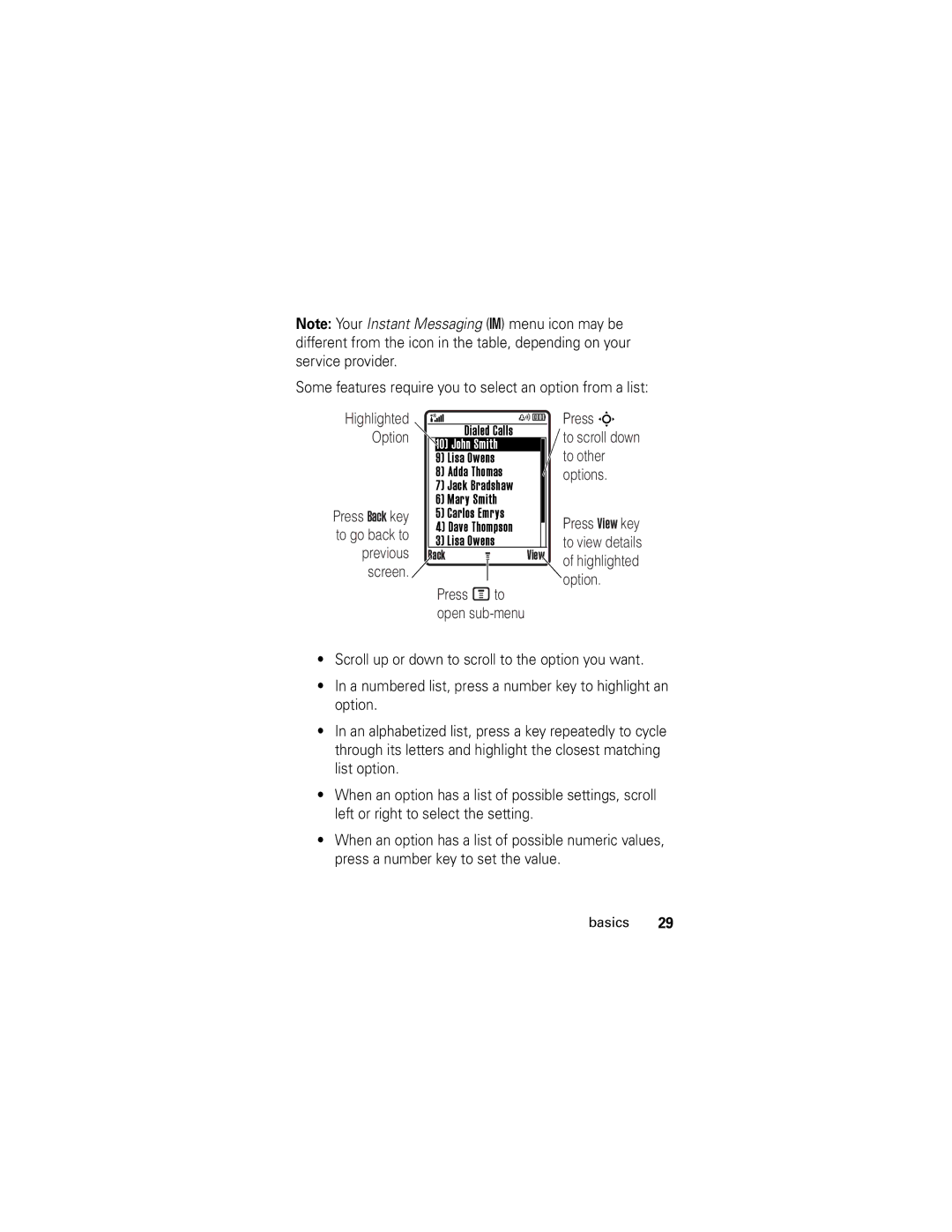 Motorola V190 manual Some features require you to select an option from a list, John Smith 