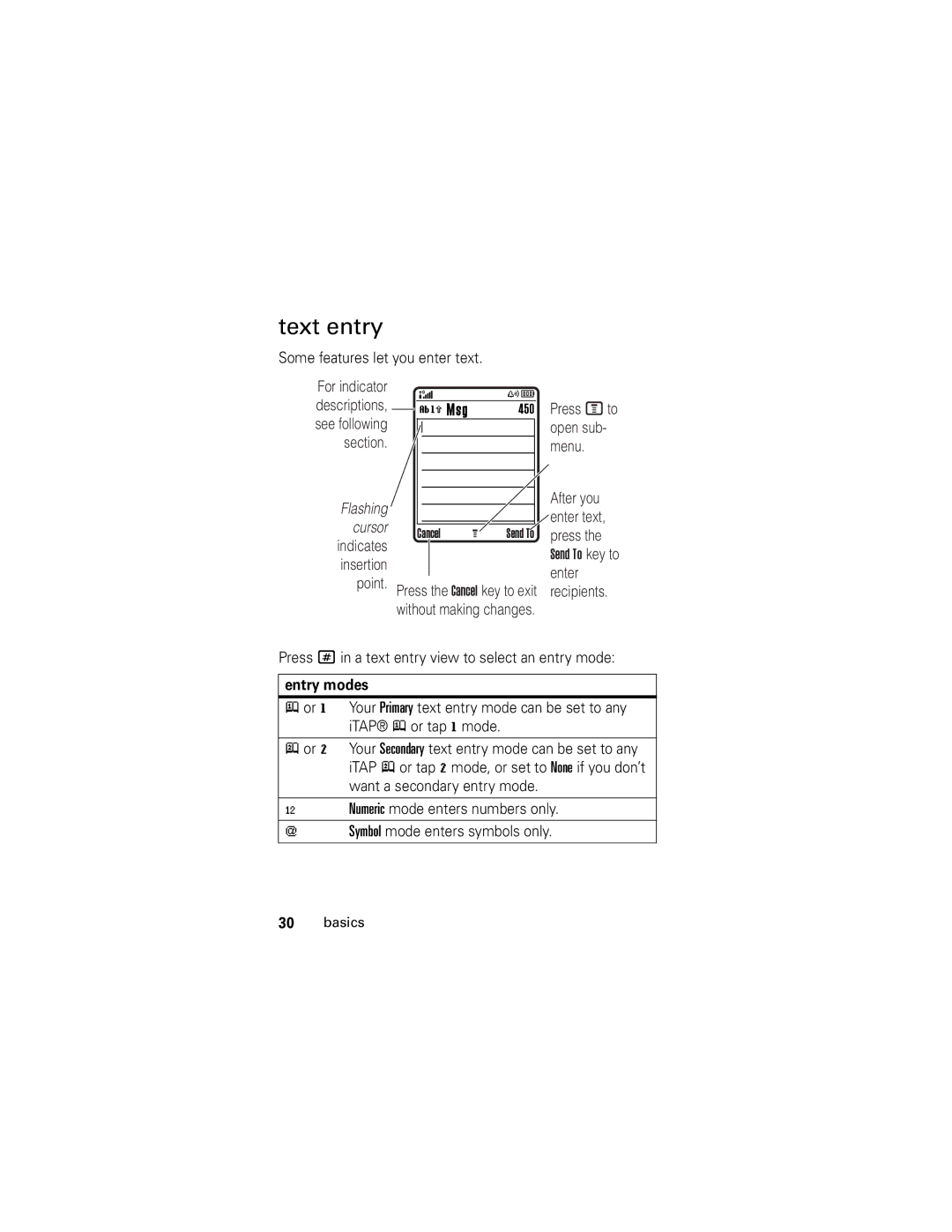 Motorola V190 manual Text entry, Some features let you enter text, Press # in a text entry view to select an entry mode 