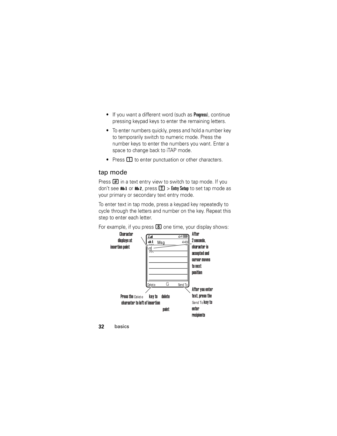 Motorola V190 manual Tap mode, Press 1 to enter punctuation or other characters 