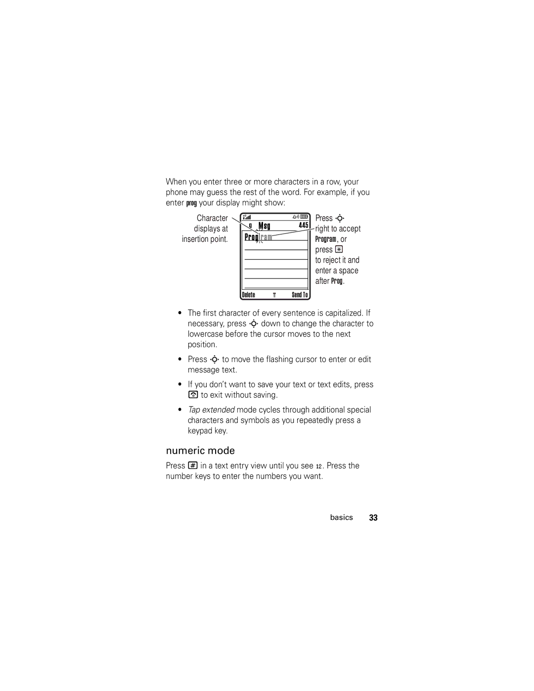 Motorola V190 manual Numeric mode, Press S right to accept Program, or press 