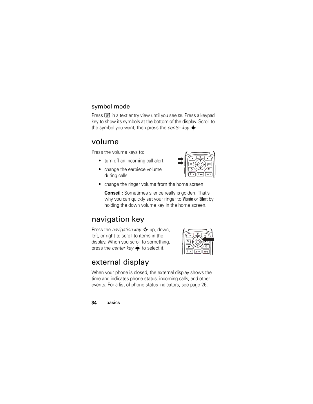 Motorola V190 manual Volume, Navigation key, External display, Symbol mode 