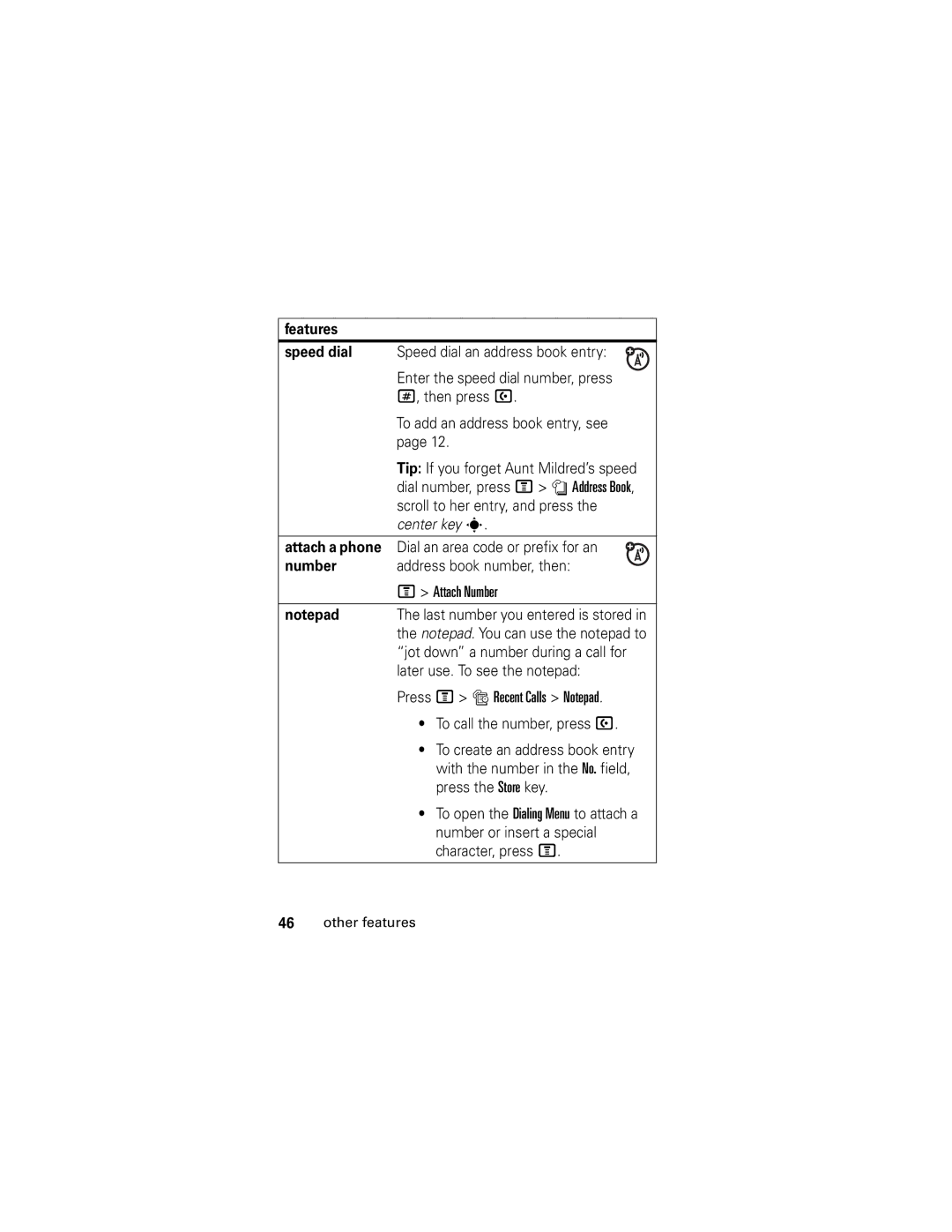 Motorola V190 manual Features Speed dial, Attach a phone, Number 