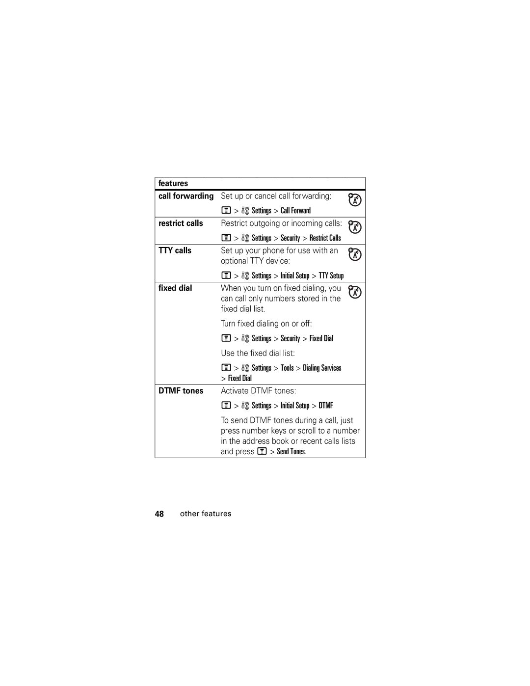 Motorola V190 manual Restrict calls, TTY calls, Fixed dial, Dtmf tones 