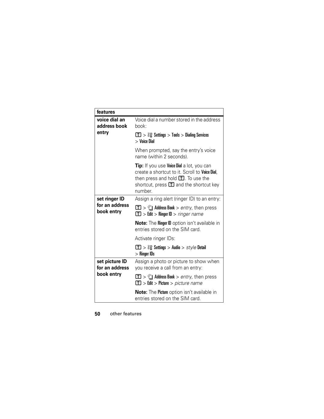 Motorola V190 manual Features Voice dial an, Address book, Entry, Set ringer ID, For an address, Set picture ID 