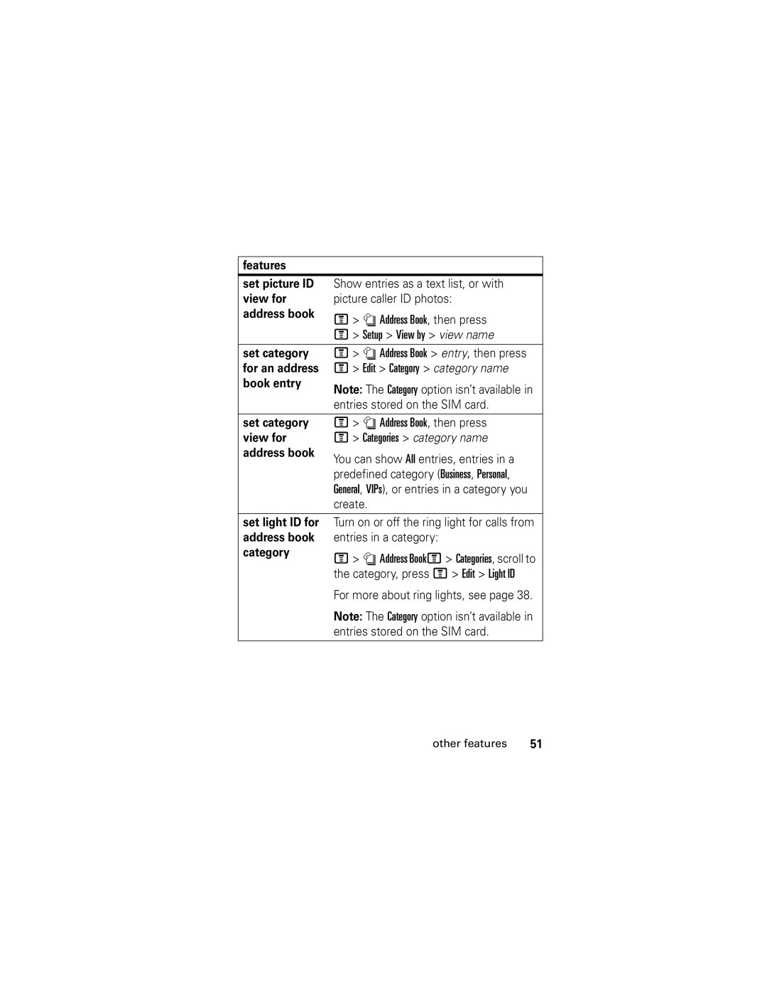 Motorola V190 manual Features Set picture ID, View for, Picture caller ID photos, For more about ring lights, see 