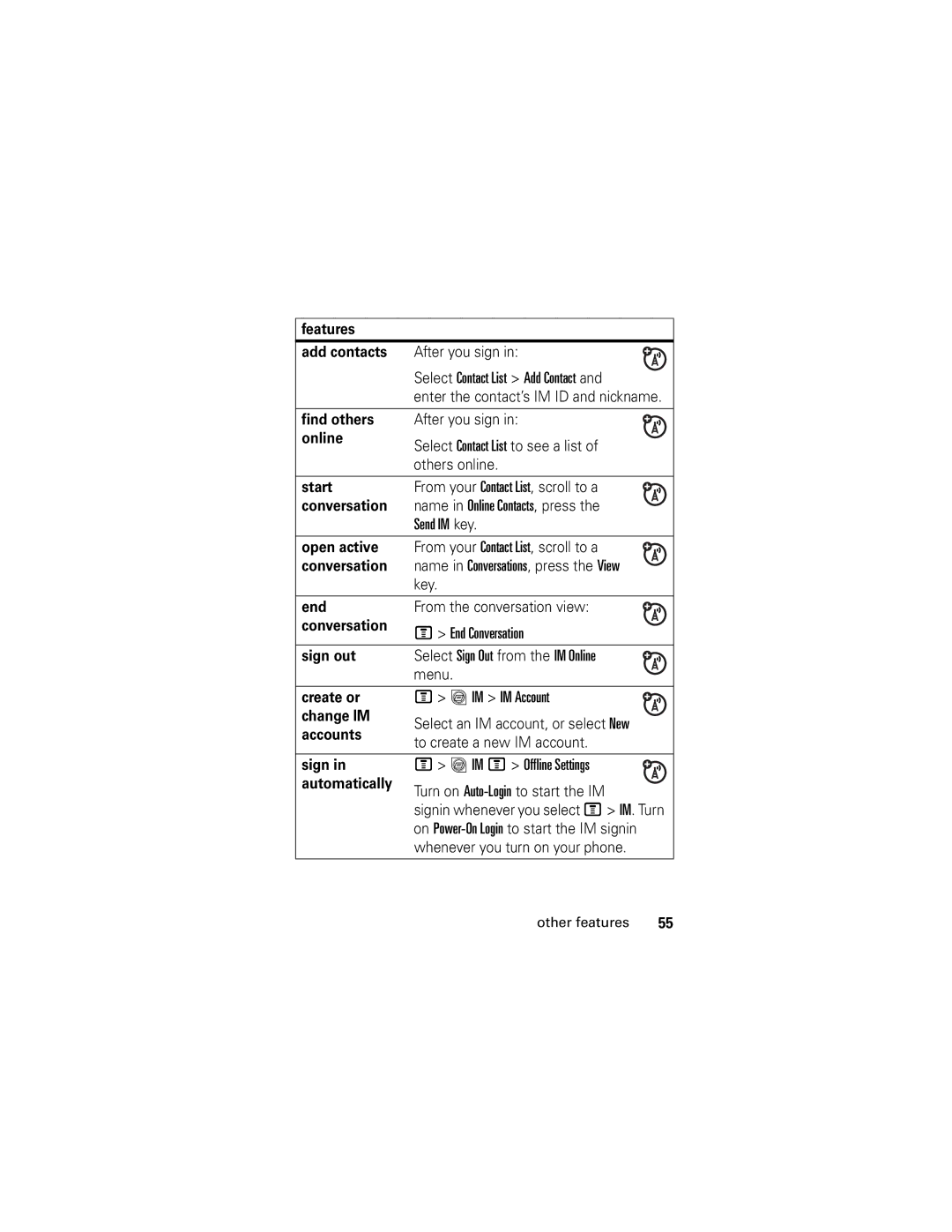 Motorola V190 manual Features Add contacts, Find others, Online, Start, Conversation, Open active, End, Sign out, Create or 