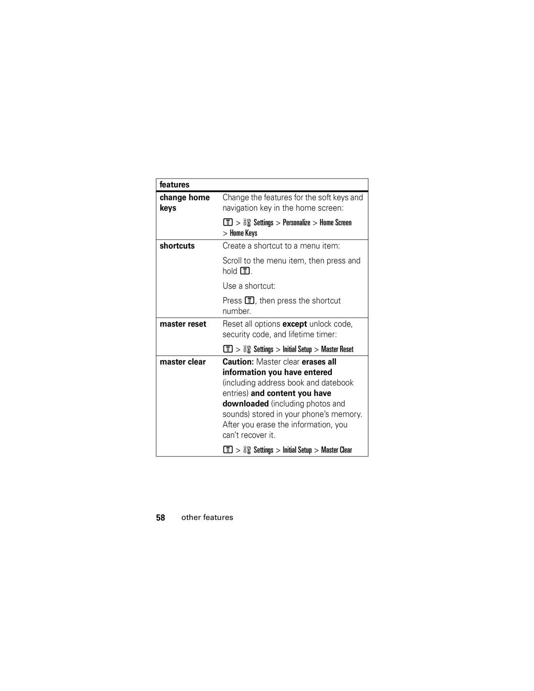 Motorola V190 manual Features Change home, Keys, Shortcuts, Master reset, Master clear Information you have entered 