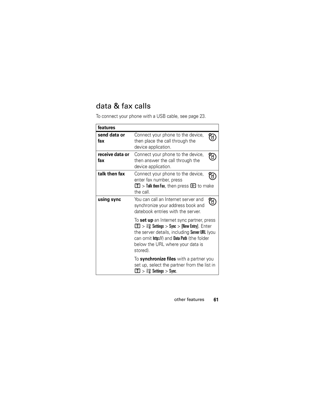 Motorola V190 manual Data & fax calls, To connect your phone with a USB cable, see 