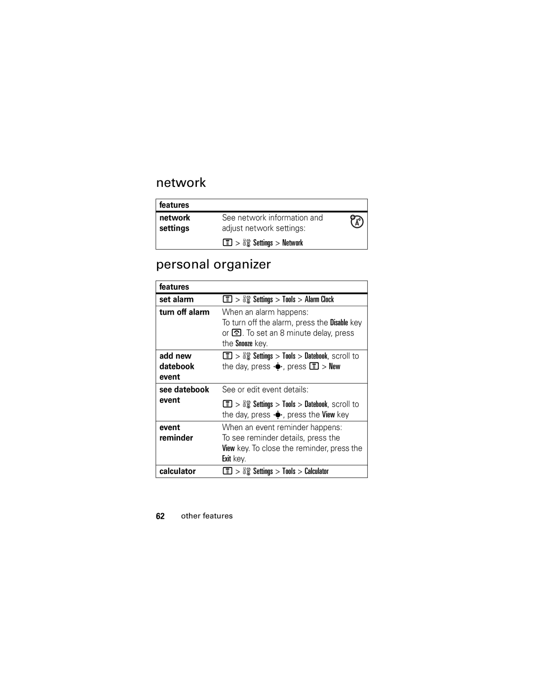 Motorola V190 manual Network, Personal organizer 