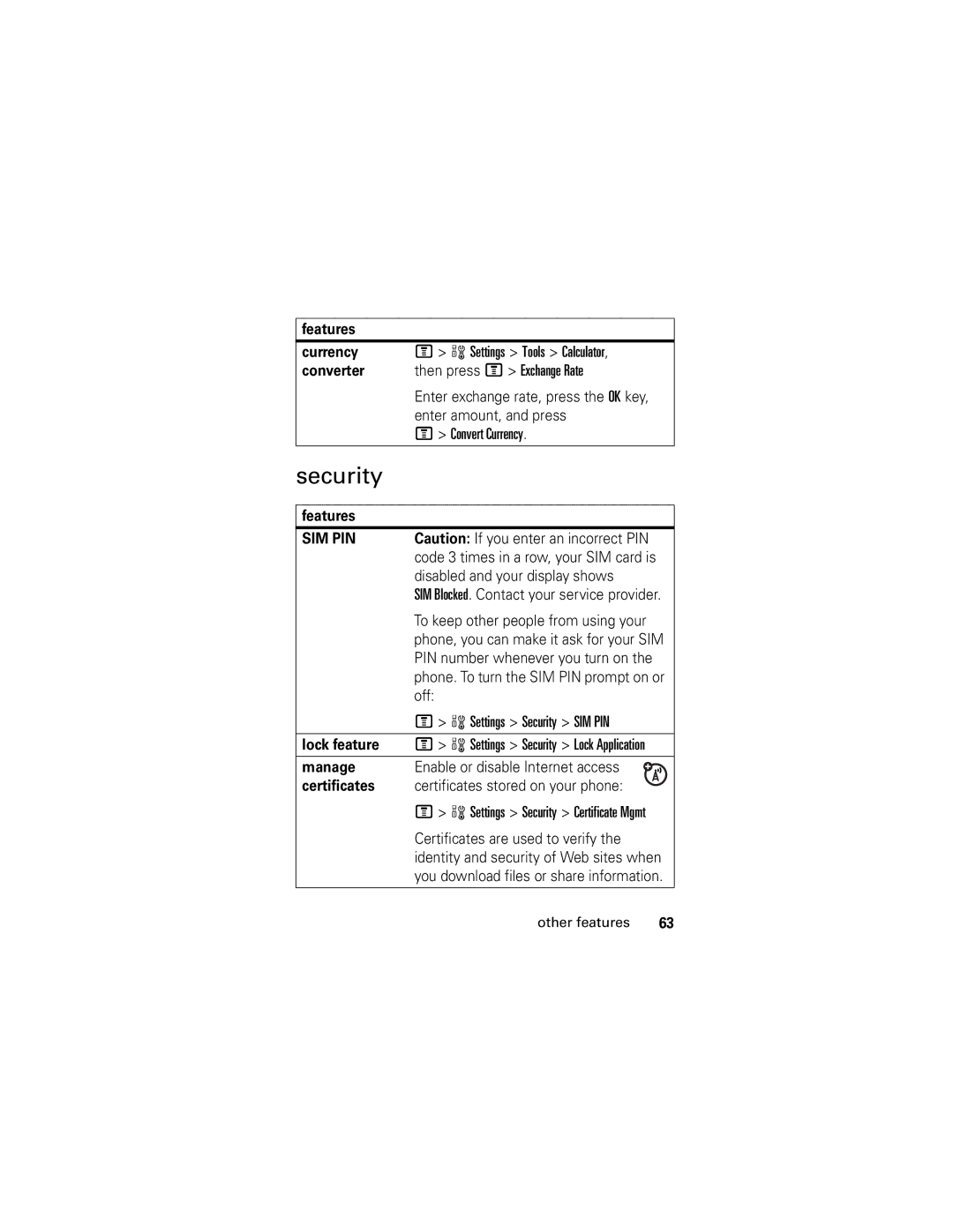 Motorola V190 manual Security, Features Currency, Converter, Lock feature, Certificates 