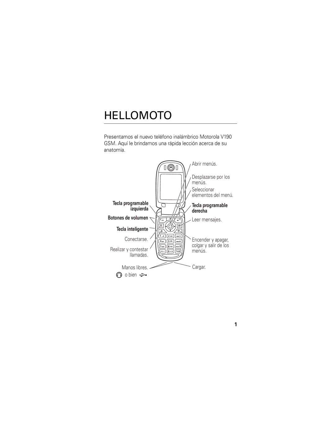 Motorola V190 manual Botones de volumen Tecla inteligente, Conectarse, Abrir menús Desplazarse por los menús, Leer mensajes 