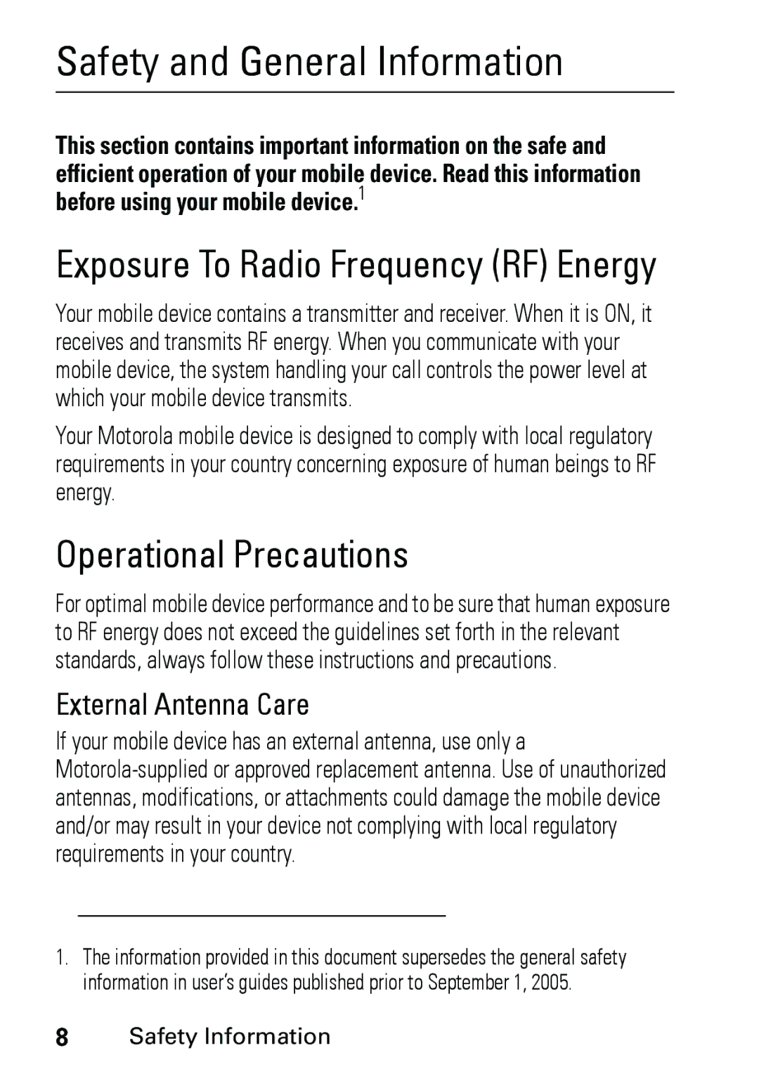 Motorola V191 user manual Safety and General Information, Operational Precautions 