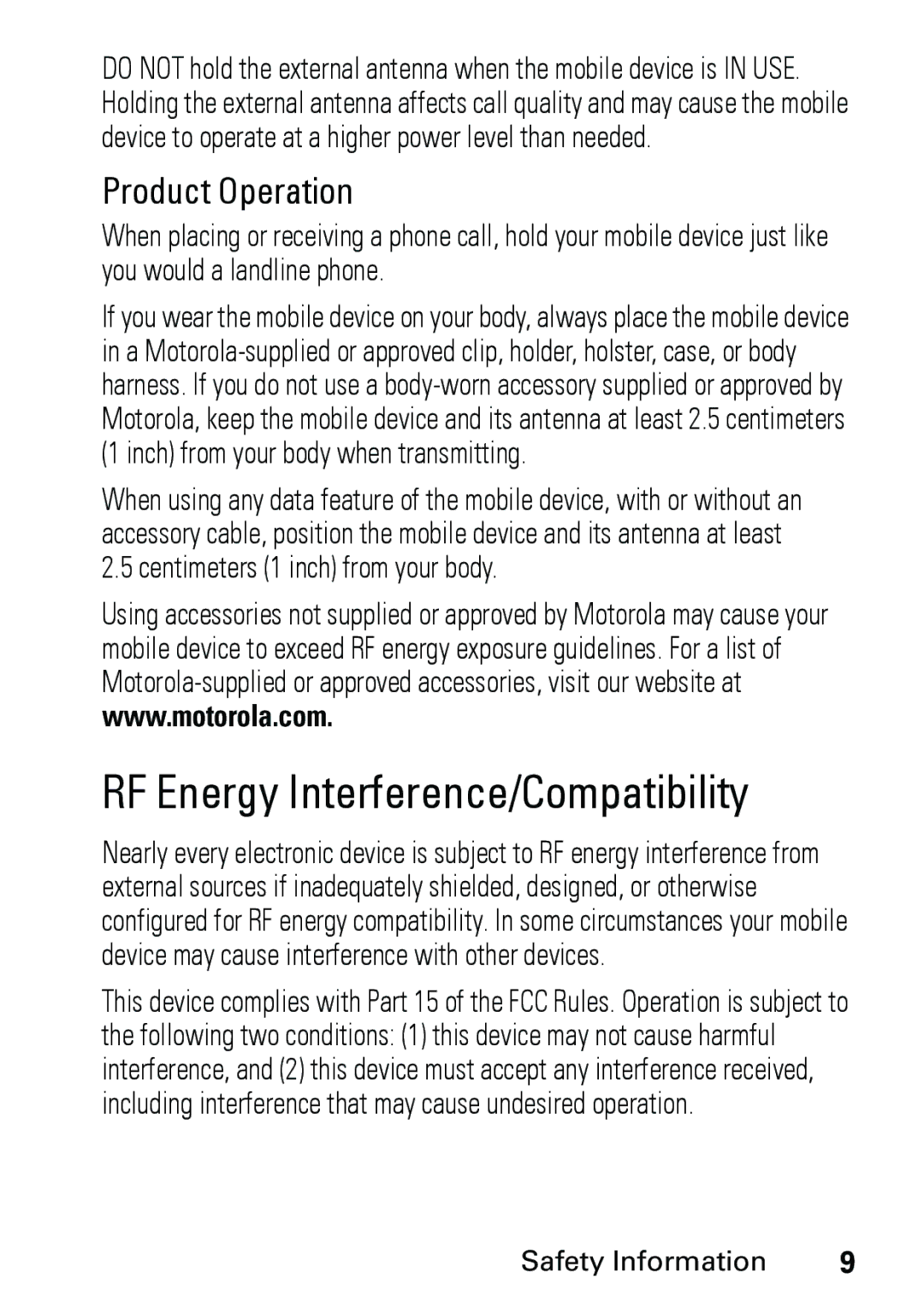 Motorola V191 user manual RF Energy Interference/Compatibility, Product Operation 