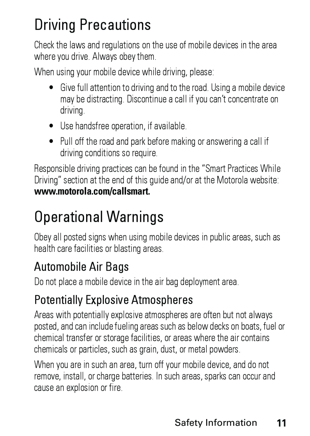 Motorola V191 Driving Precautions, Operational Warnings, Do not place a mobile device in the air bag deployment area 