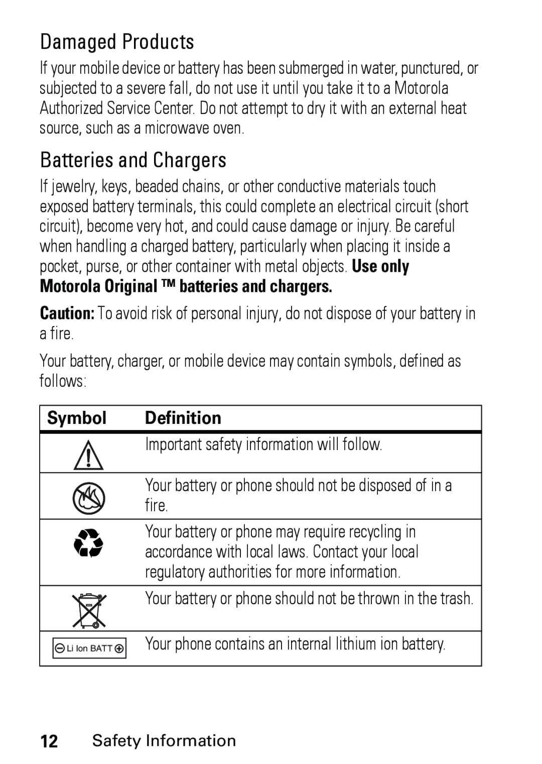 Motorola V191 Motorola Original batteries and chargers, Symbol Definition, Important safety information will follow, Fire 