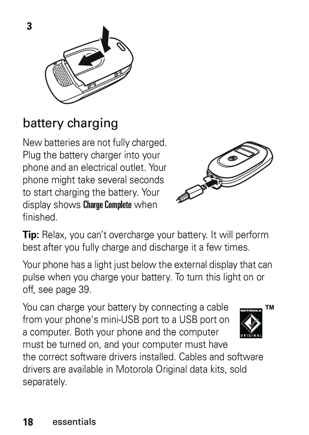 Motorola V191 user manual Battery charging 