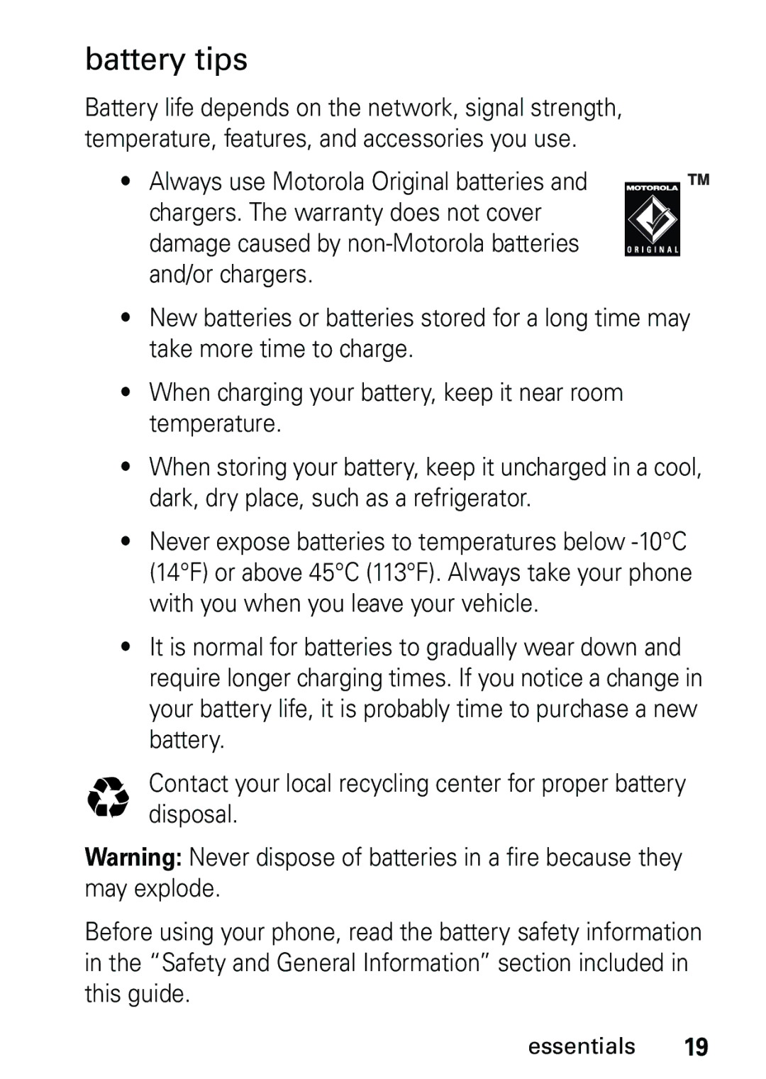 Motorola V191 user manual Battery tips 