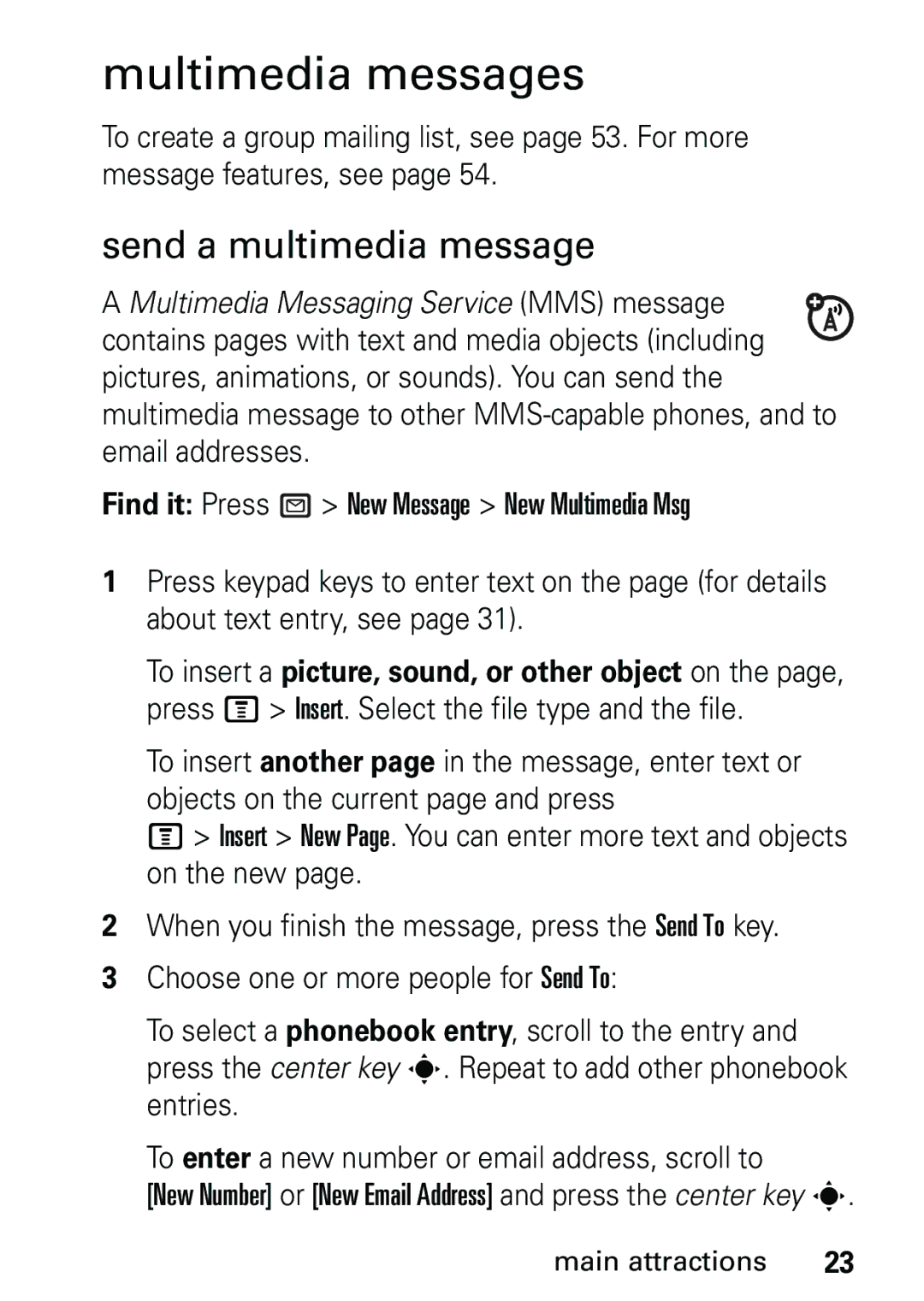 Motorola V191 user manual Multimedia messages, Send a multimedia message 