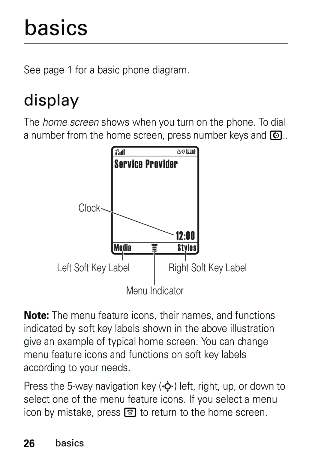 Motorola V191 user manual Basics, Display, See page 1 for a basic phone diagram 