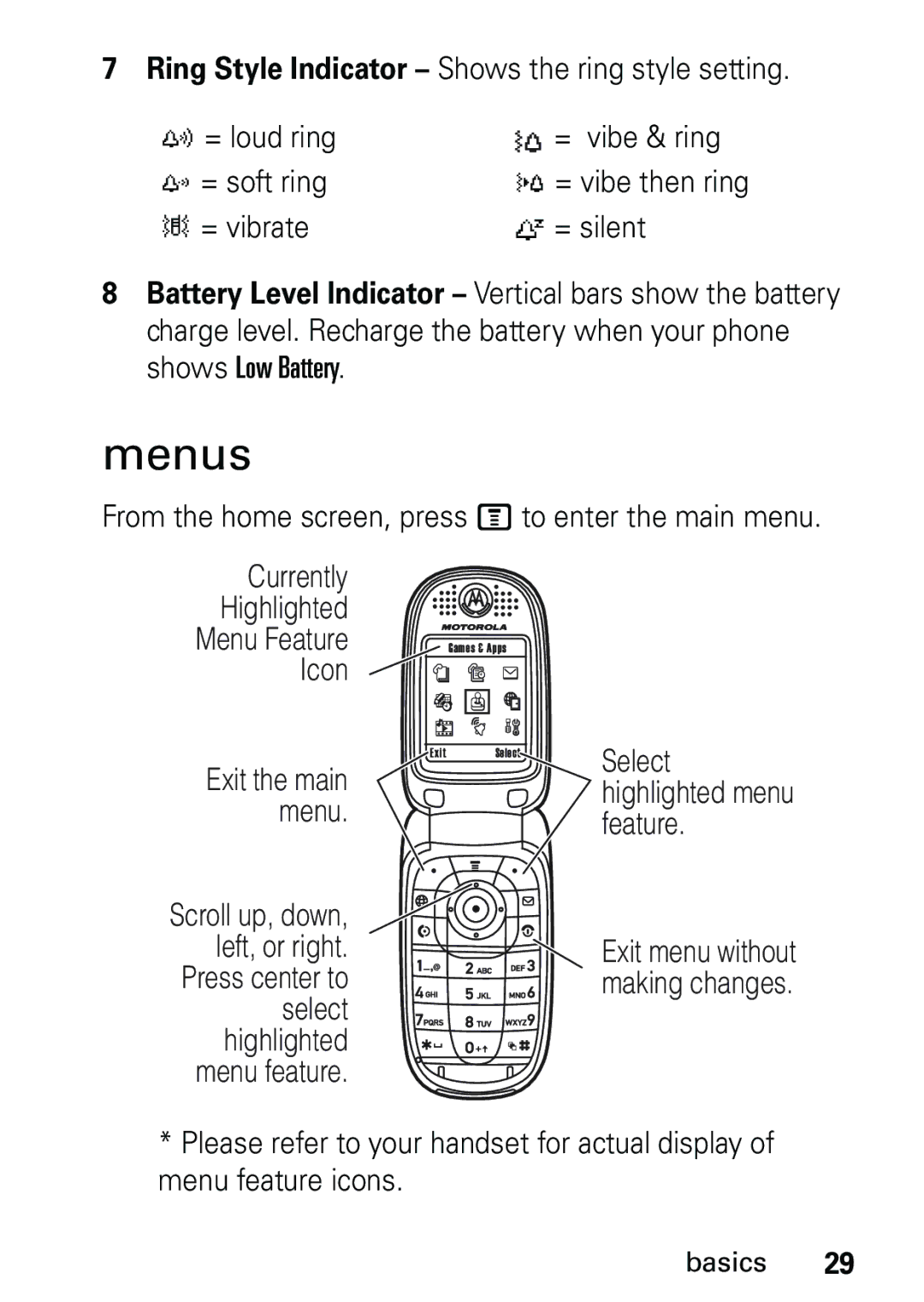 Motorola V191 user manual Menus, = vibrate = silent 