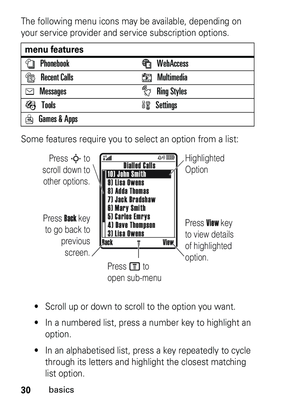 Motorola V191 user manual Menu features, John Smith 