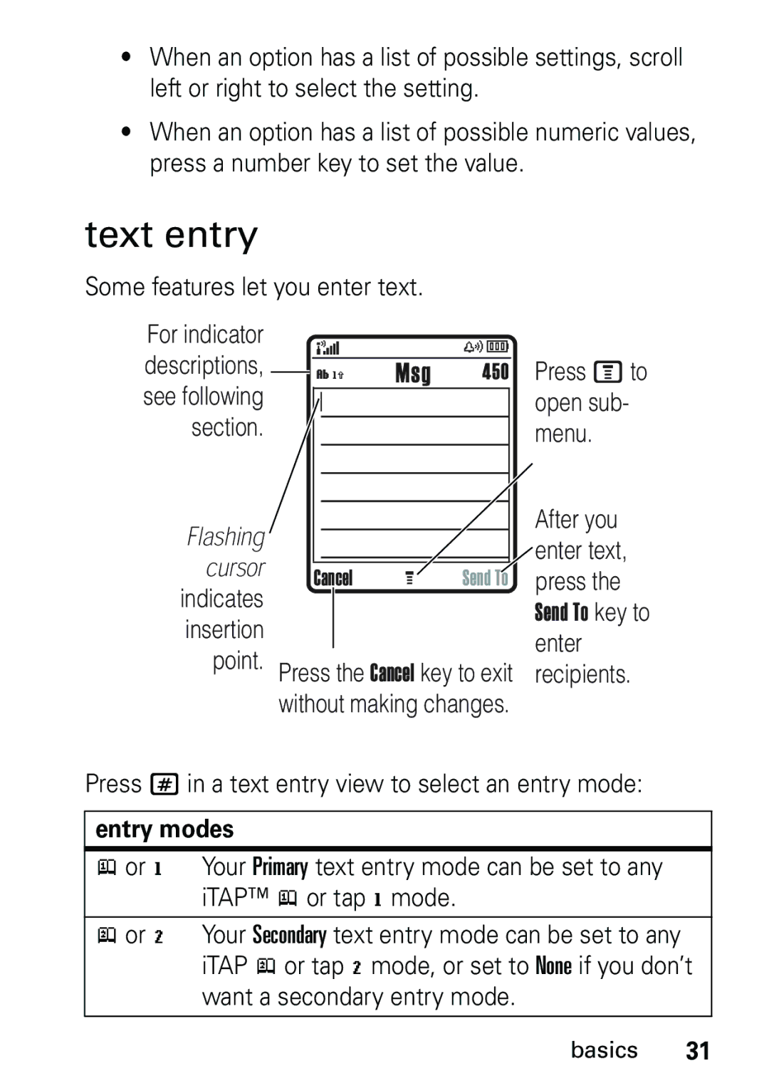 Motorola V191 Text entry, Some features let you enter text, Press # in a text entry view to select an entry mode 