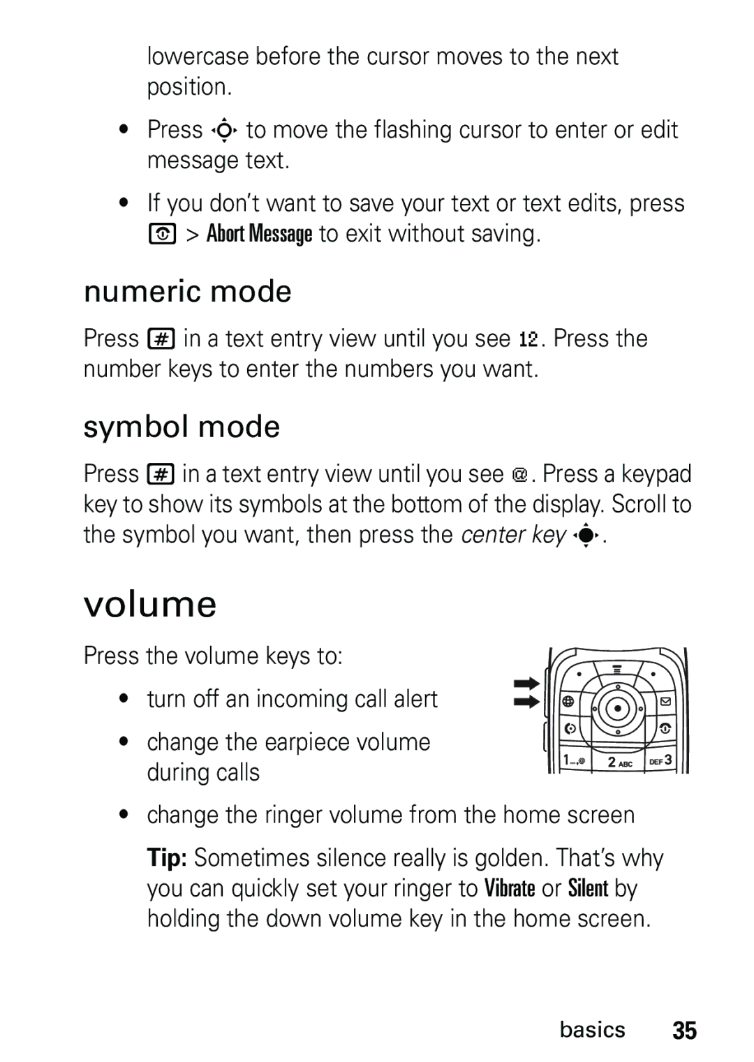 Motorola V191 user manual Volume, Numeric mode, Symbol mode 