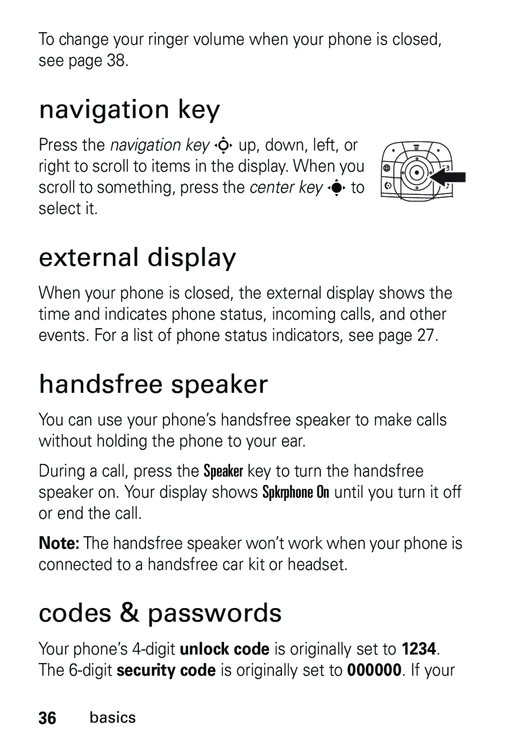 Motorola V191 user manual Navigation key, External display, Handsfree speaker, Codes & passwords 