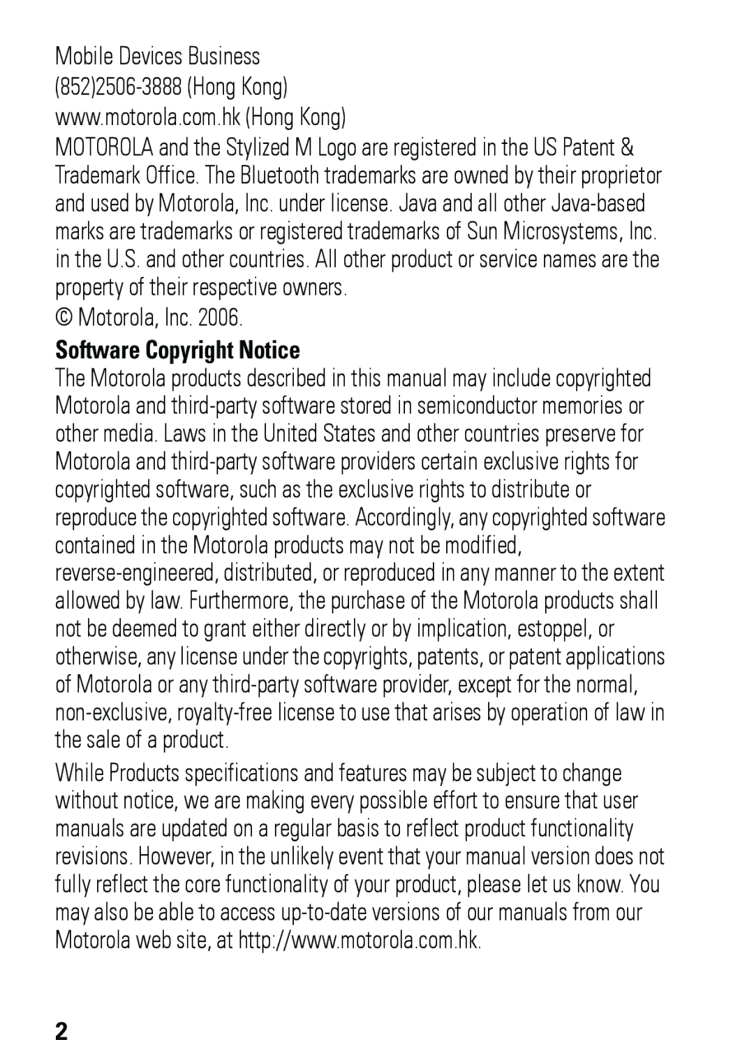 Motorola V191 user manual Motorola, Inc, Software Copyright Notice 