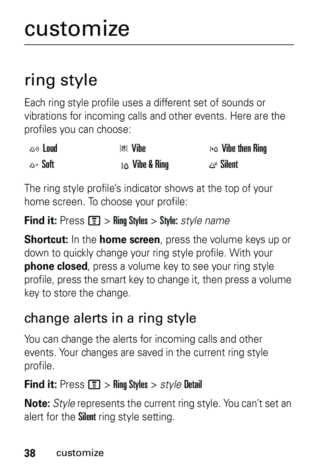 Motorola V191 user manual Customize, Ring style, Change alerts in a ring style 