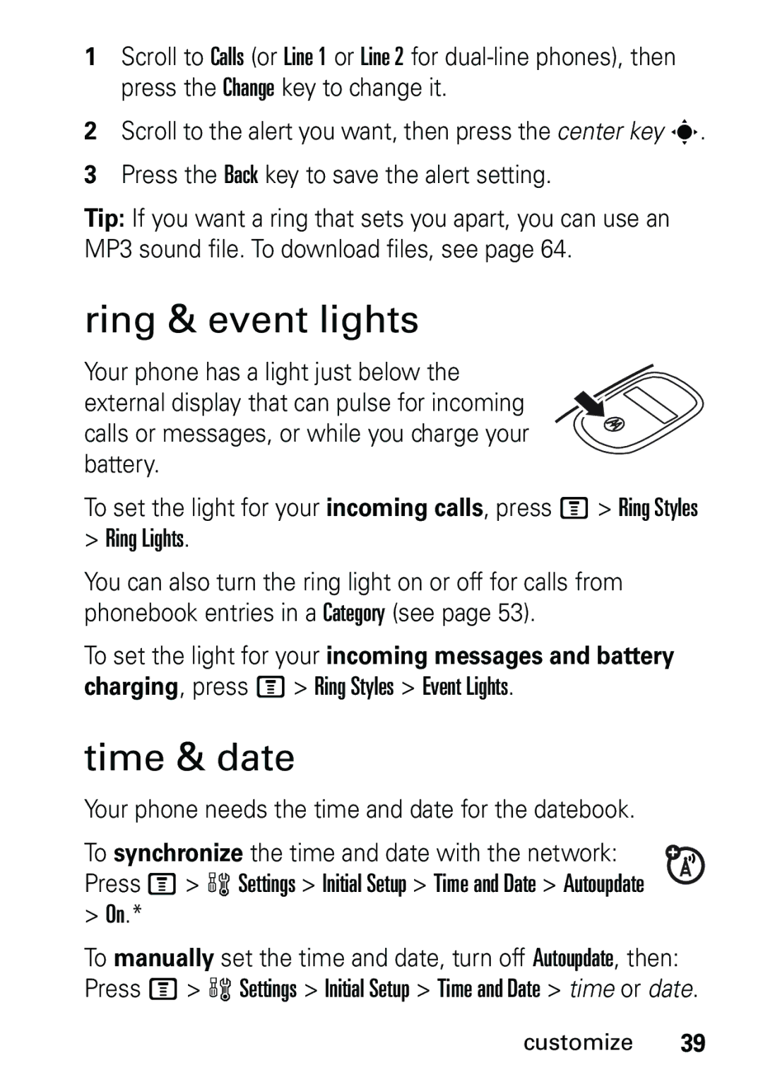 Motorola V191 Ring & event lights, Time & date, Ring Lights, Your phone needs the time and date for the datebook 