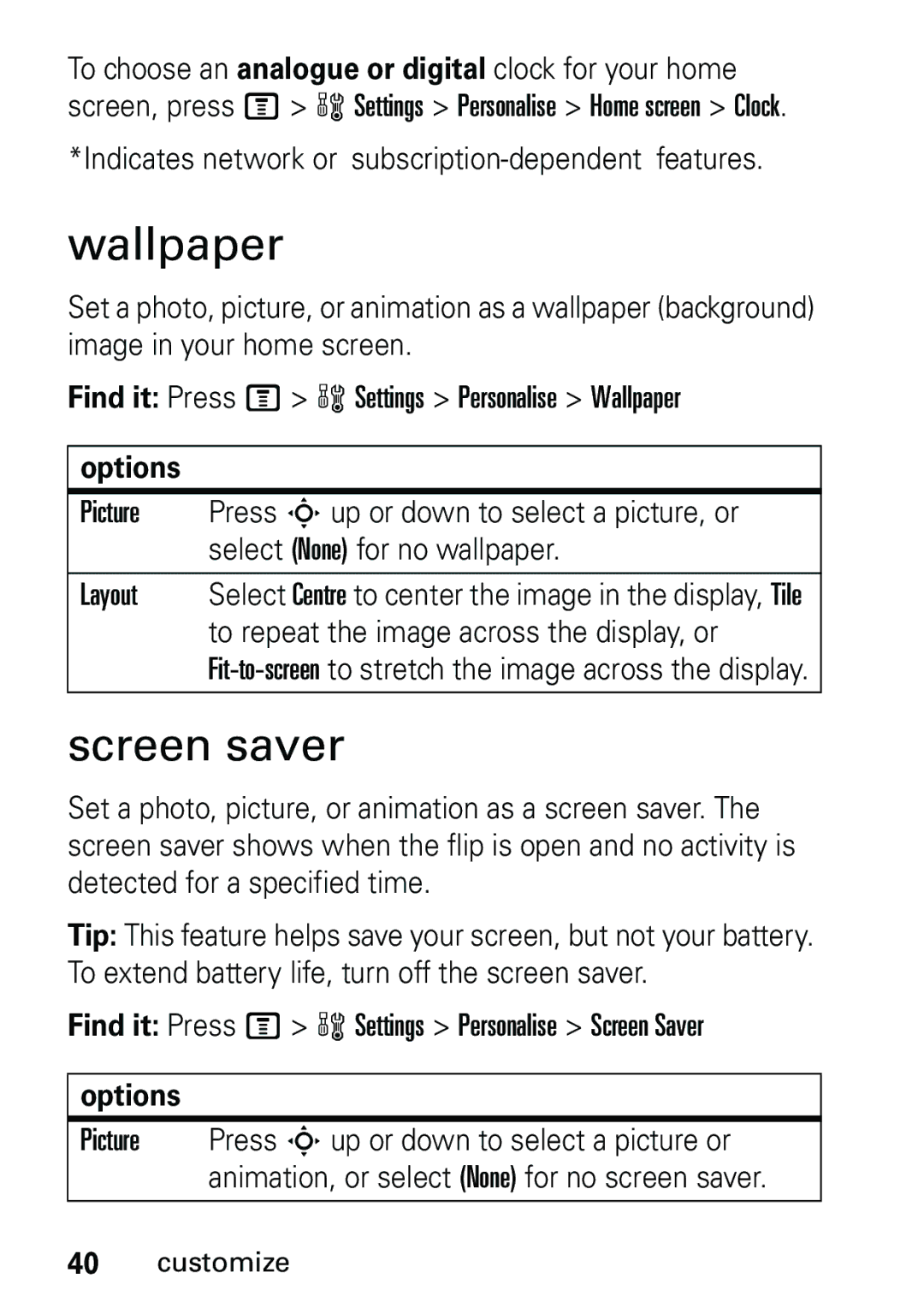 Motorola V191 user manual Wallpaper, Screen saver, Options 