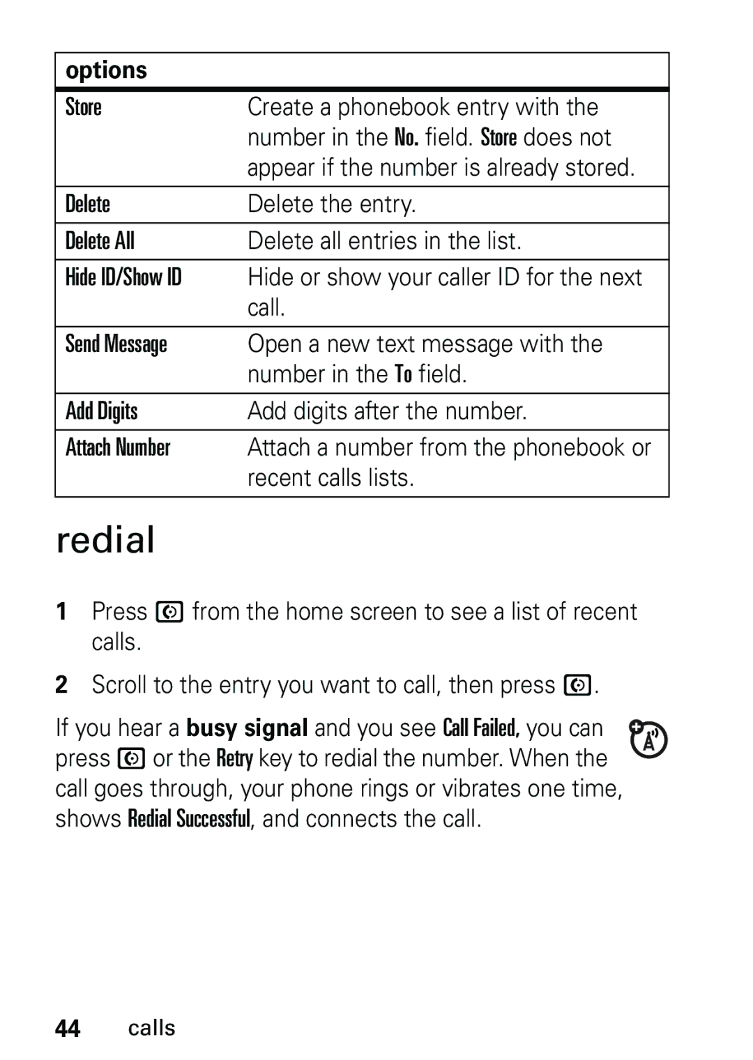 Motorola V191 user manual Redial, Call, Recent calls lists 