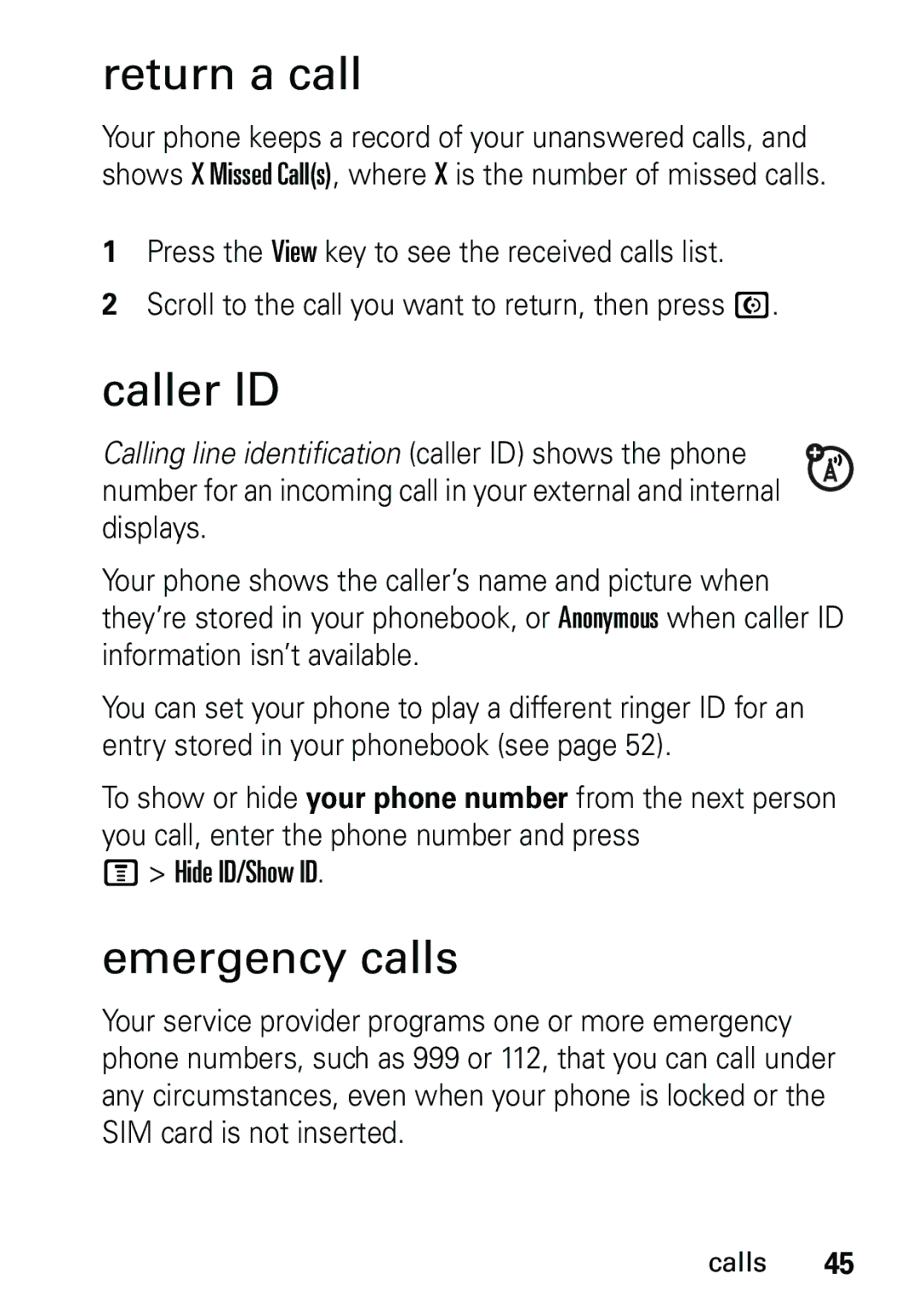 Motorola V191 user manual Return a call, Caller ID, Emergency calls 