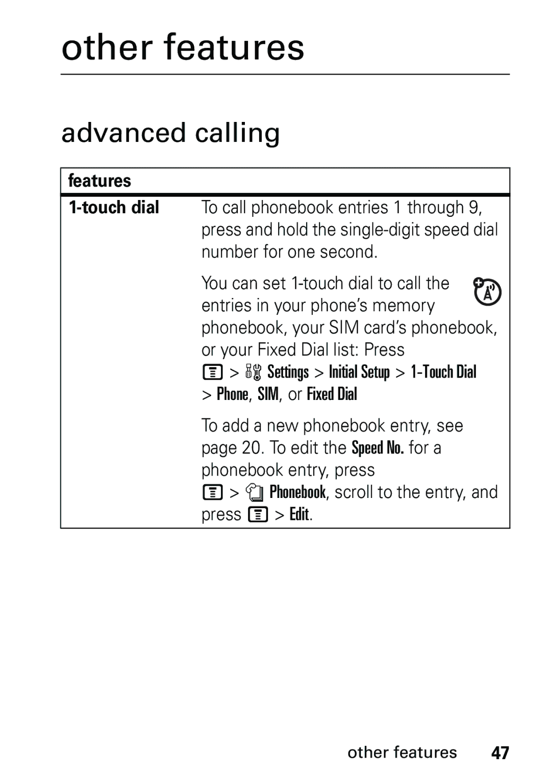 Motorola V191 user manual Other features, Advanced calling, Features 