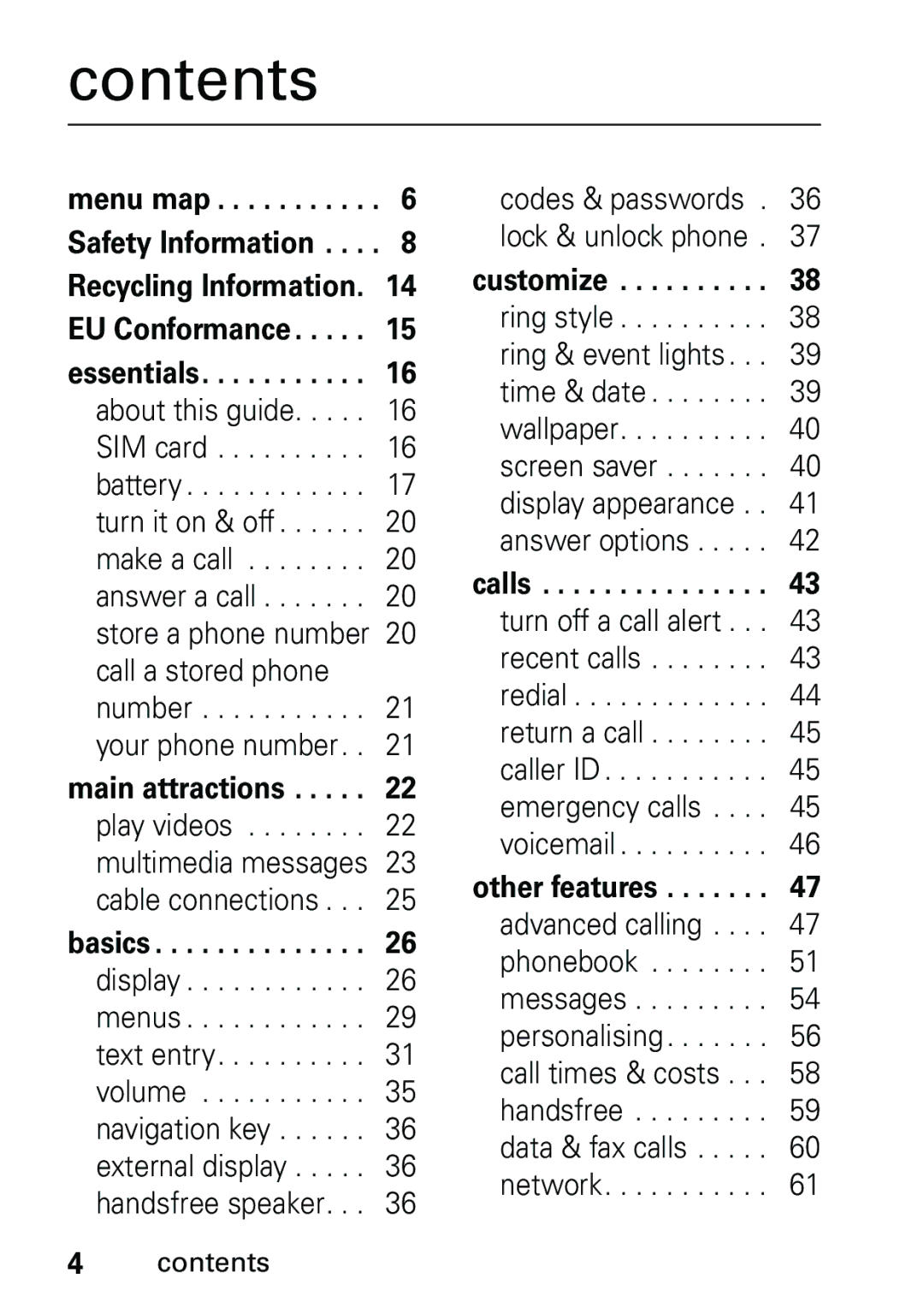 Motorola V191 user manual Contents 