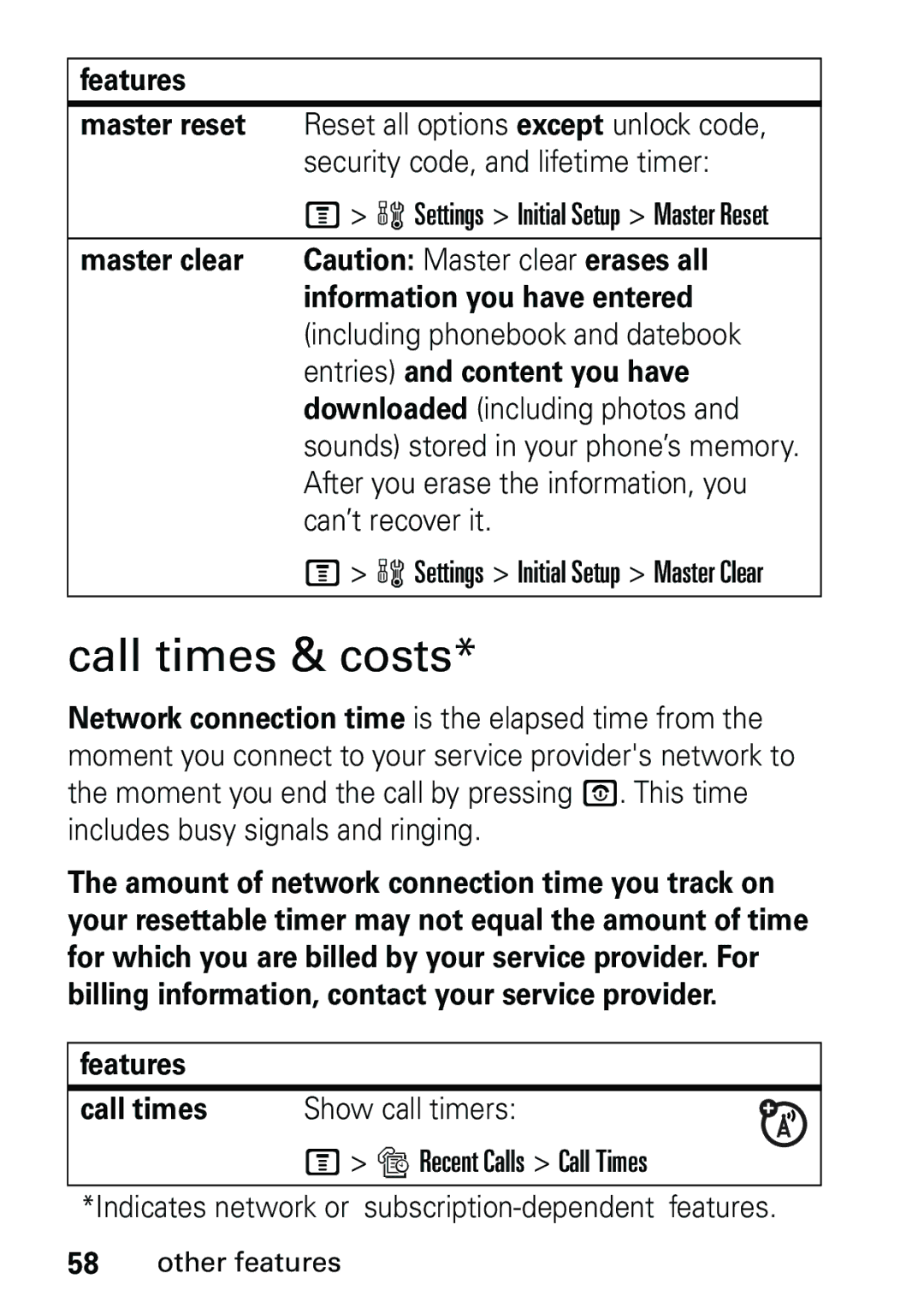 Motorola V191 Call times & costs, Features Master reset, Master clear Information you have entered, Features Call times 