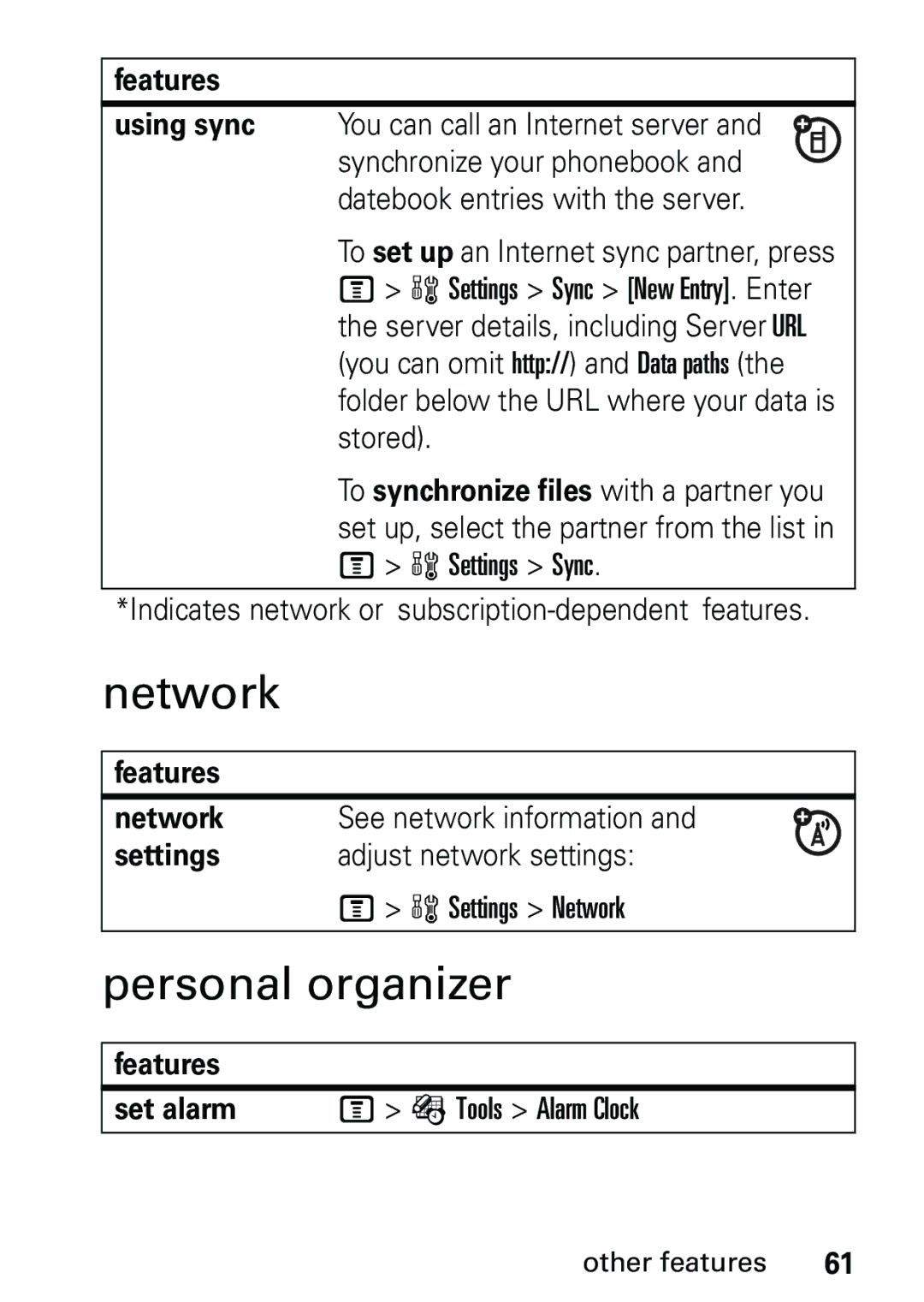 Motorola V191 user manual Personal organizer, Features Network, Settings, Features Set alarm 