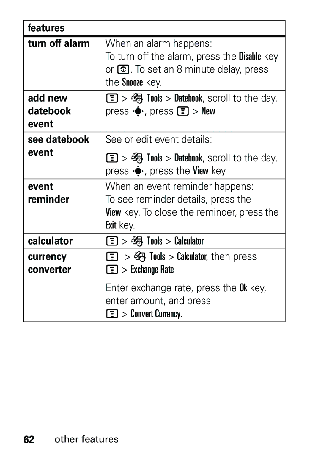 Motorola V191 Features Turn off alarm, Add new, Datebook, Event See datebook, Reminder, Calculator, Currency, Converter 