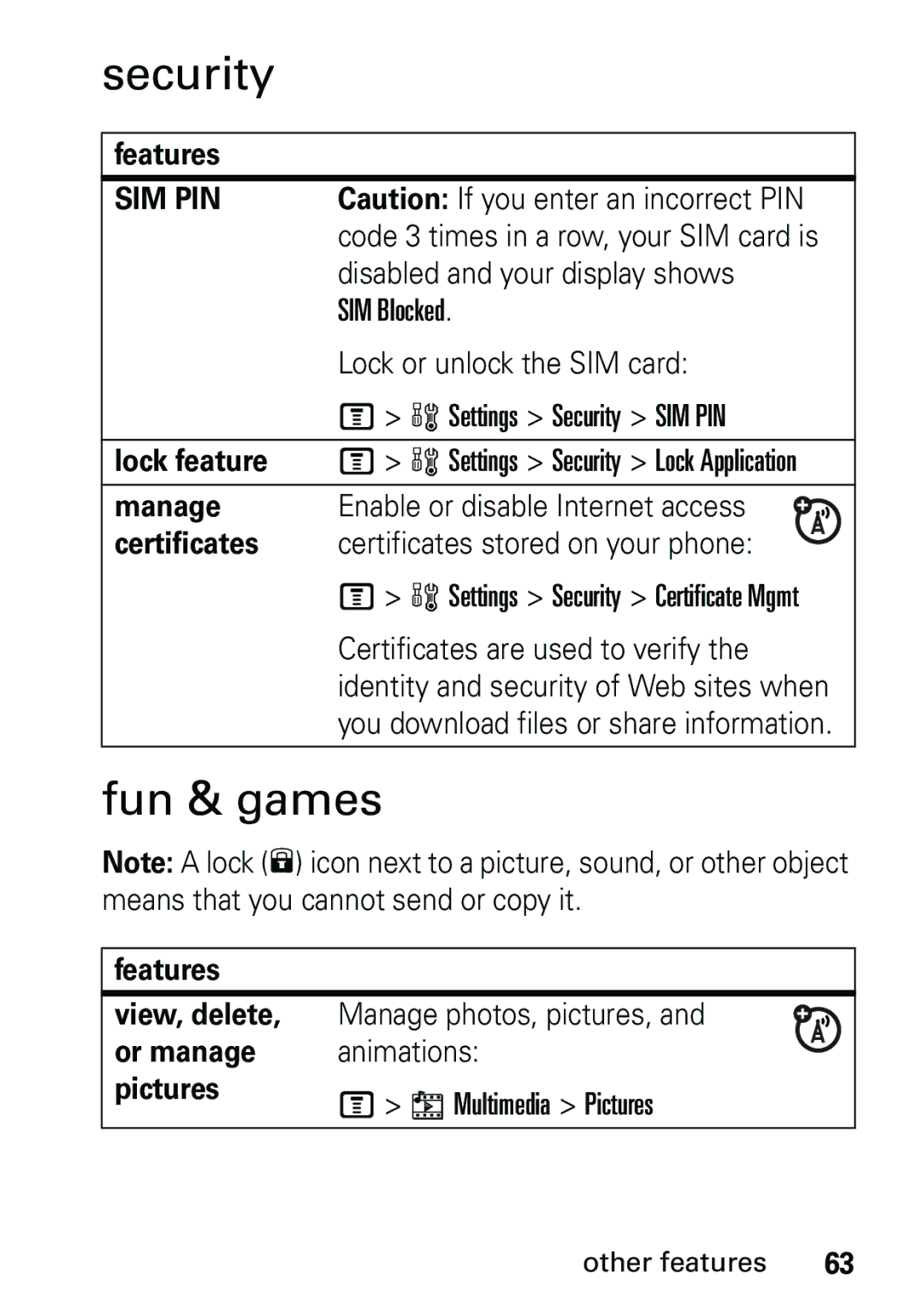 Motorola V191 user manual Security, Fun & games 