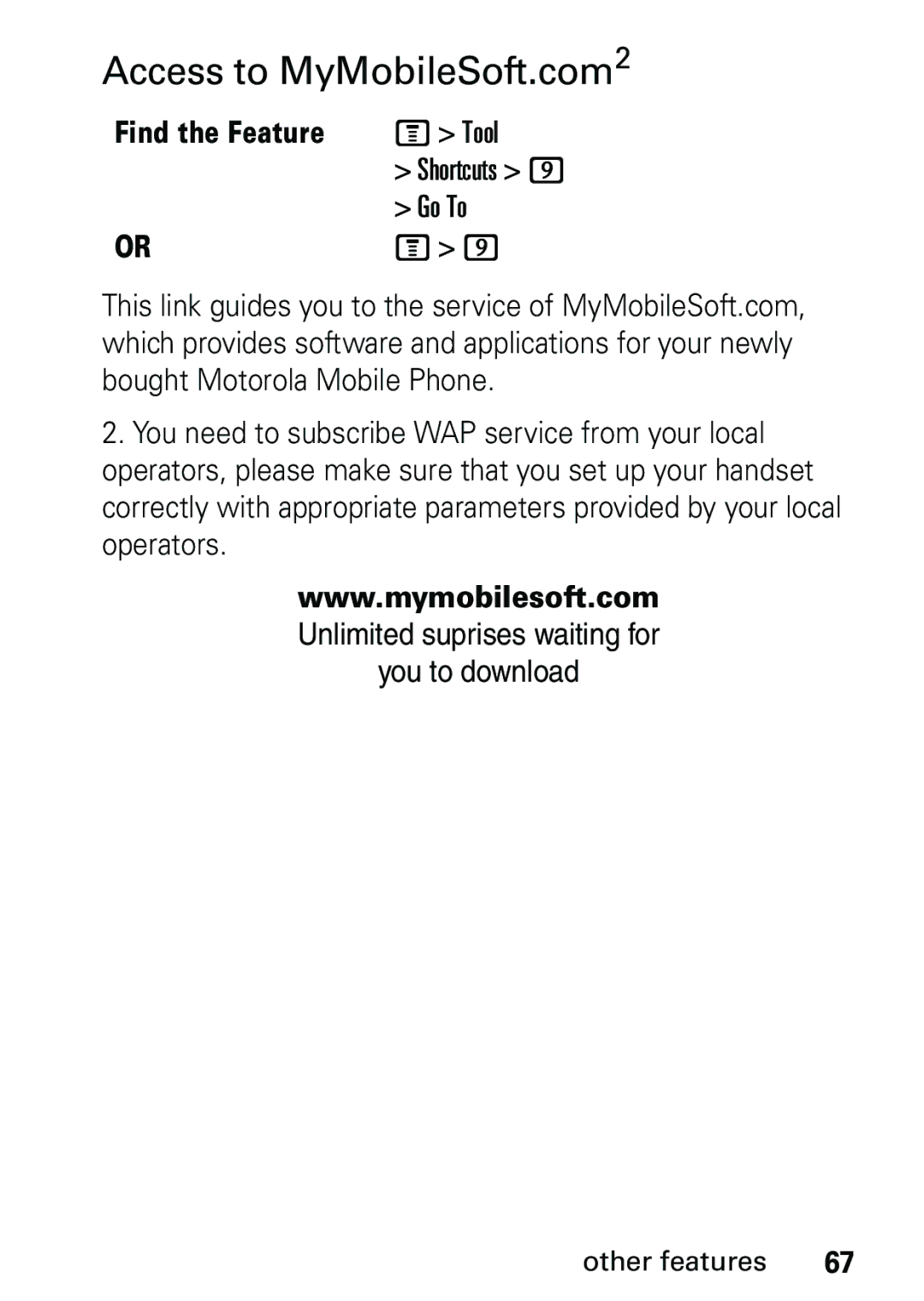 Motorola V191 user manual Access to MyMobileSoft.com2, Find the Feature, Tool, Go To 