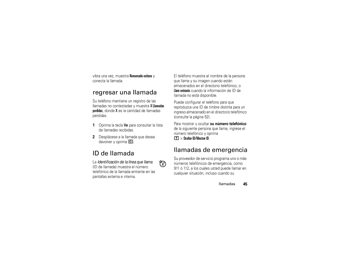 Motorola V195 manual Regresar una llamada, ID de llamada, Llamadas de emergencia, Ocultar ID/Mostrar ID 