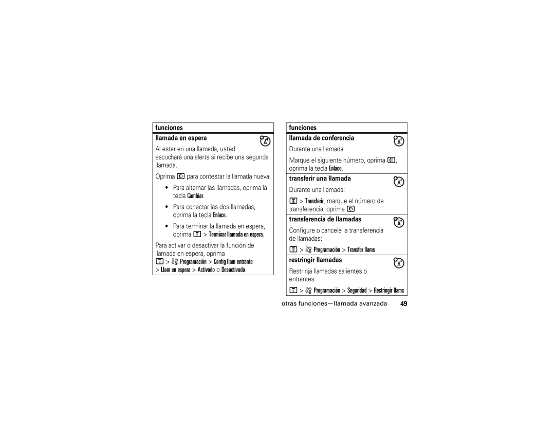 Motorola V195 manual Programación Transfer llams 